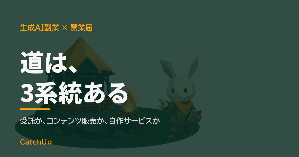 道は、3系統ある。ノートパソコンと3方向に分かれる道を描いたイラスト。生成AI副業の始め方を表す図