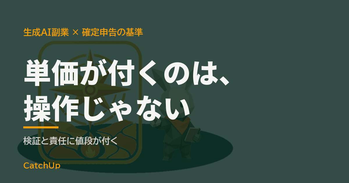 単価が付くのは、操作じゃない。3本の収益の流れと電卓を描いたイラスト。生成AI副業の収益の立て方を表す図
