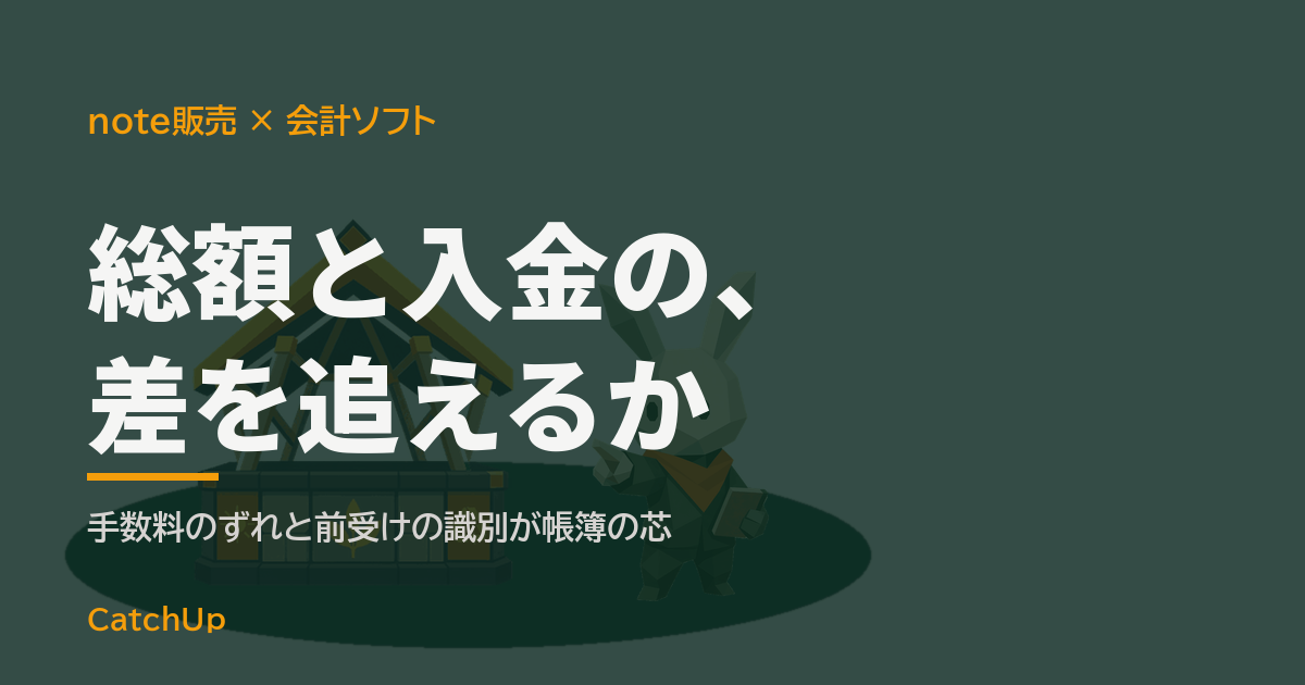 総額と入金の、差を追えるか。販売履歴と帳簿画面が並ぶノートパソコンを描いたイラスト。noteで稼ぐ人の会計ソフトの選び方を表す図
